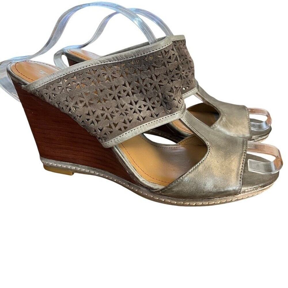 Trask Payton Leather Perforated Slip On Sandals Wedge Waxed Gray Shoes sz 9.5